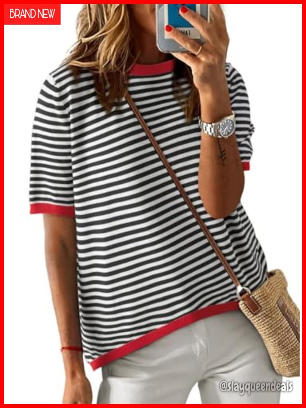 Womens Striped Knit High Low Pullover Sweater Casual Short Sleeve Top